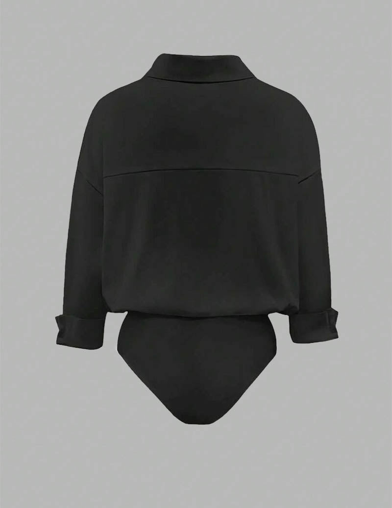 Black collared long-sleeve shirt bodysuit, back view flat lay with V-back cut
