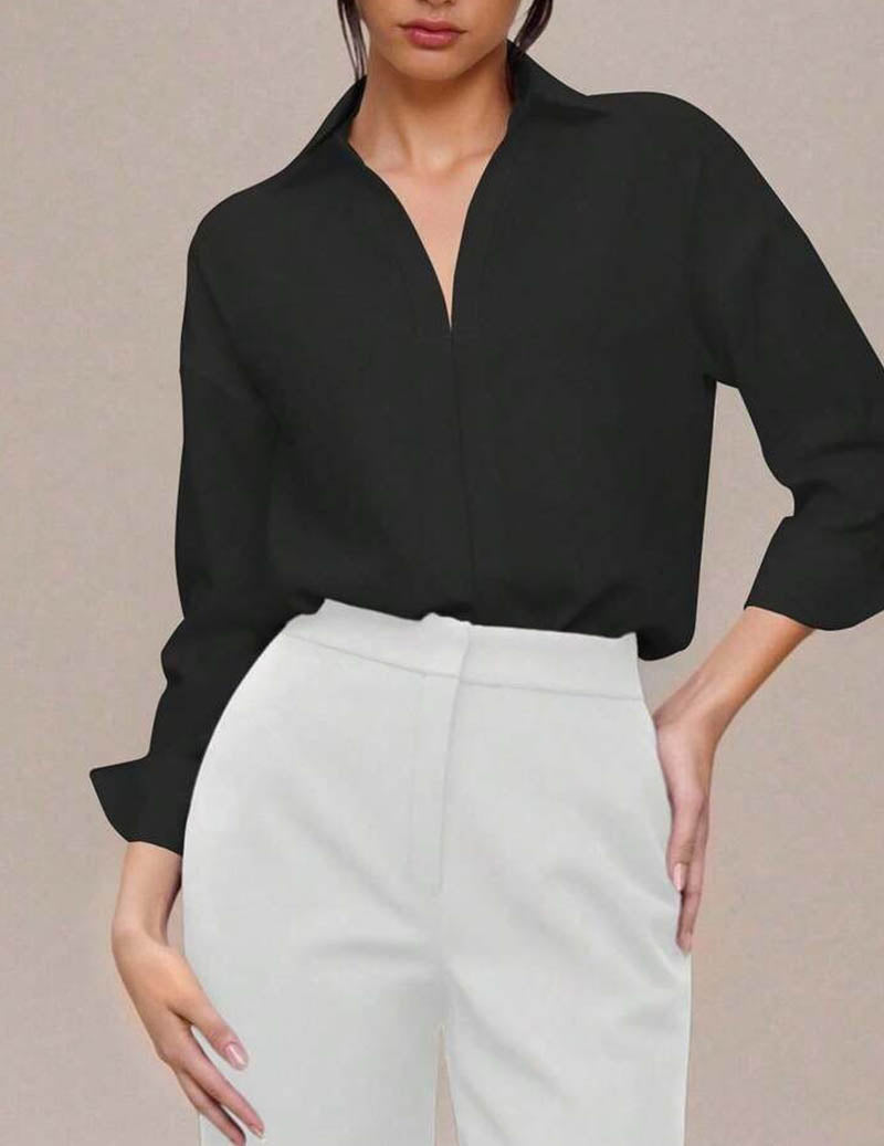 Oversized long-sleeve collared bodysuit, black