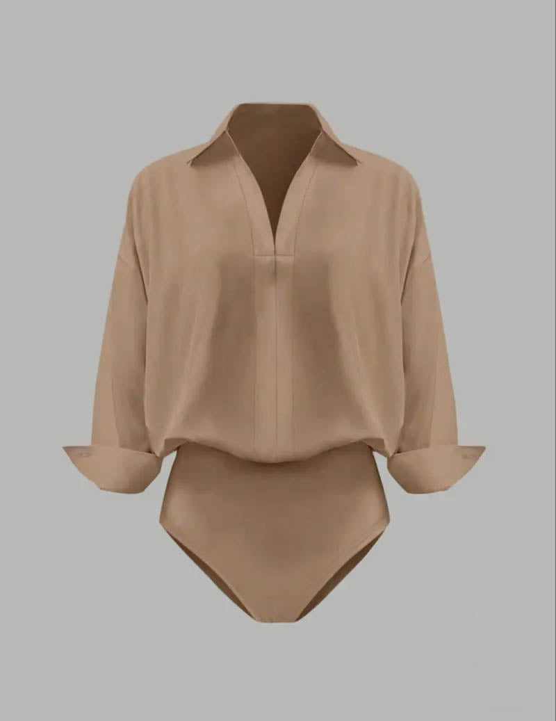 Oversized long-sleeve collared bodysuit, Khaki