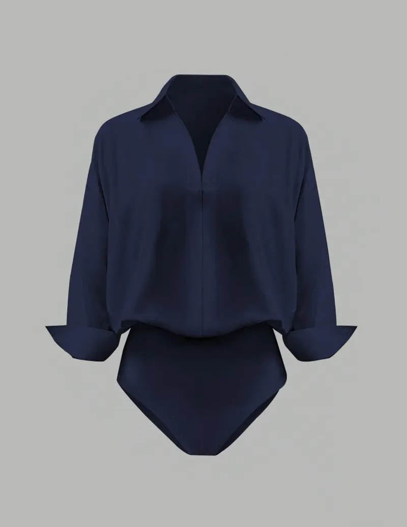 Oversized long-sleeve collared bodysuit, navy blue
