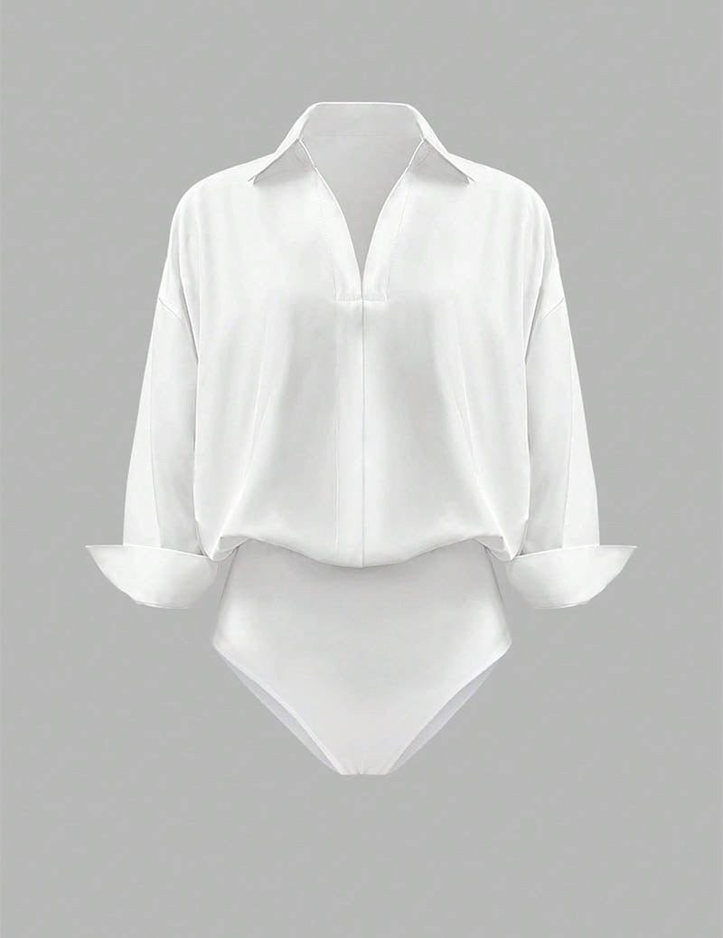 White long-sleeve collared shirt bodysuit, front view flat lay