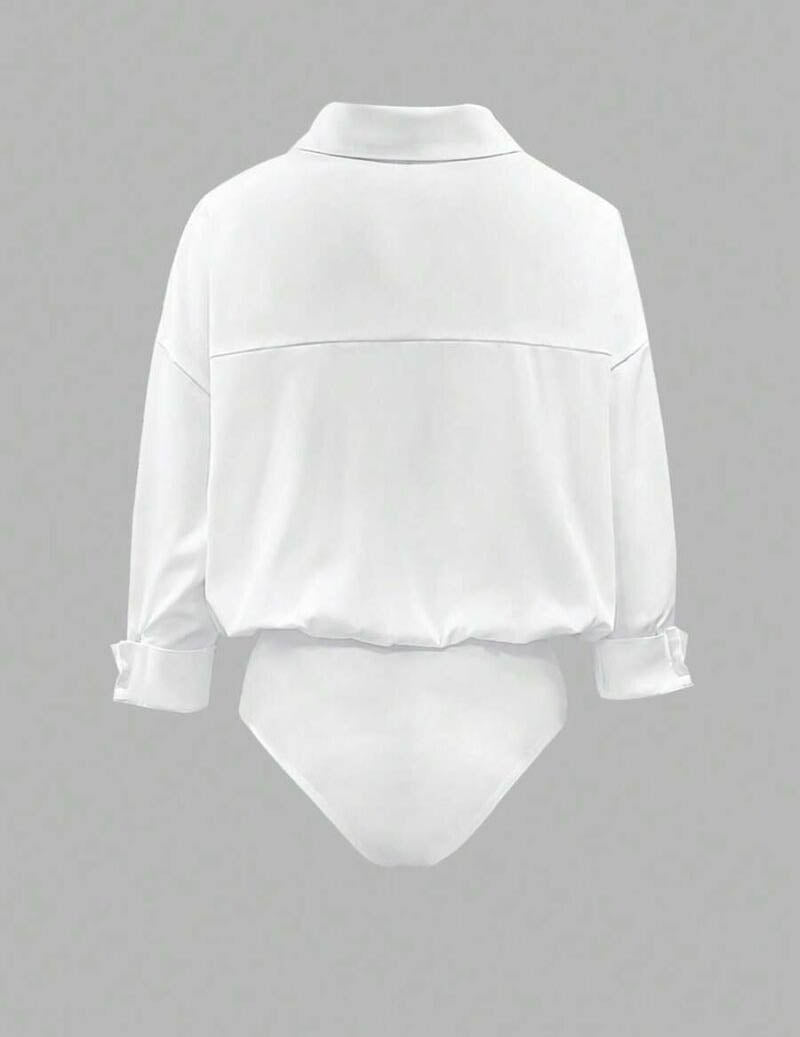 White long-sleeve collared shirt bodysuit, back view flat lay
