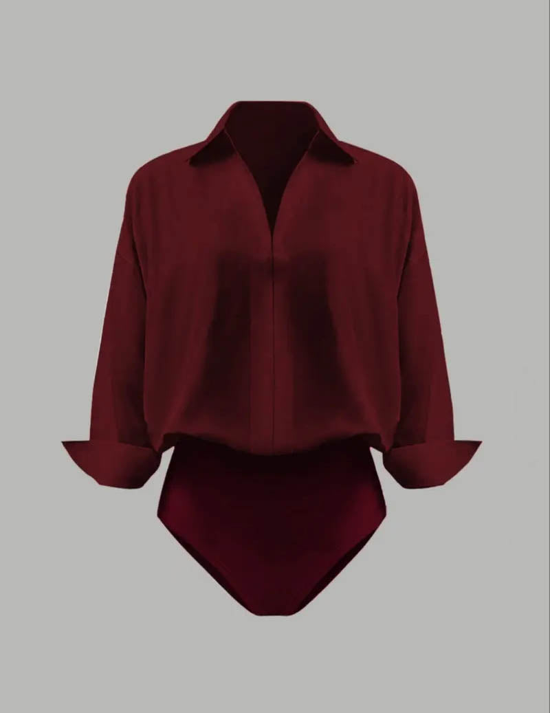 Oversized long-sleeve collared bodysuit, wine red
