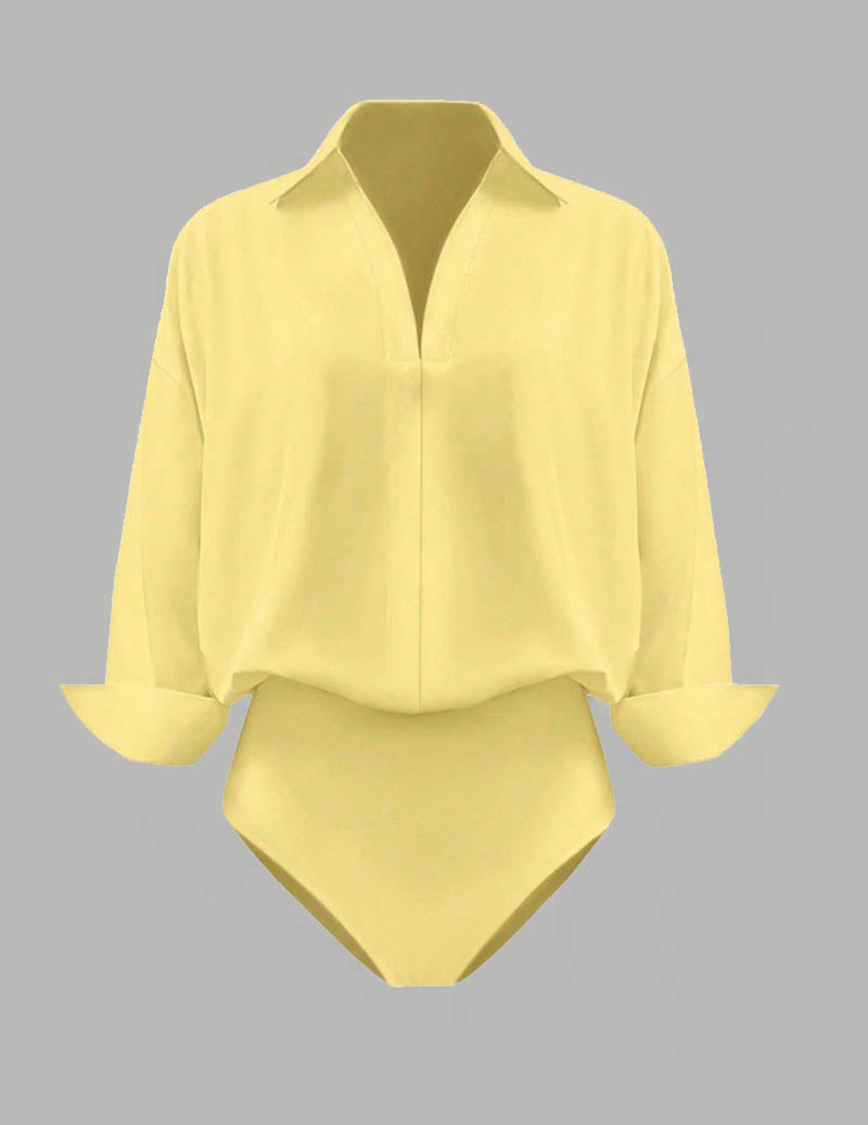 Yellow oversized collared long-sleeve shirt bodysuit, front view flat lay