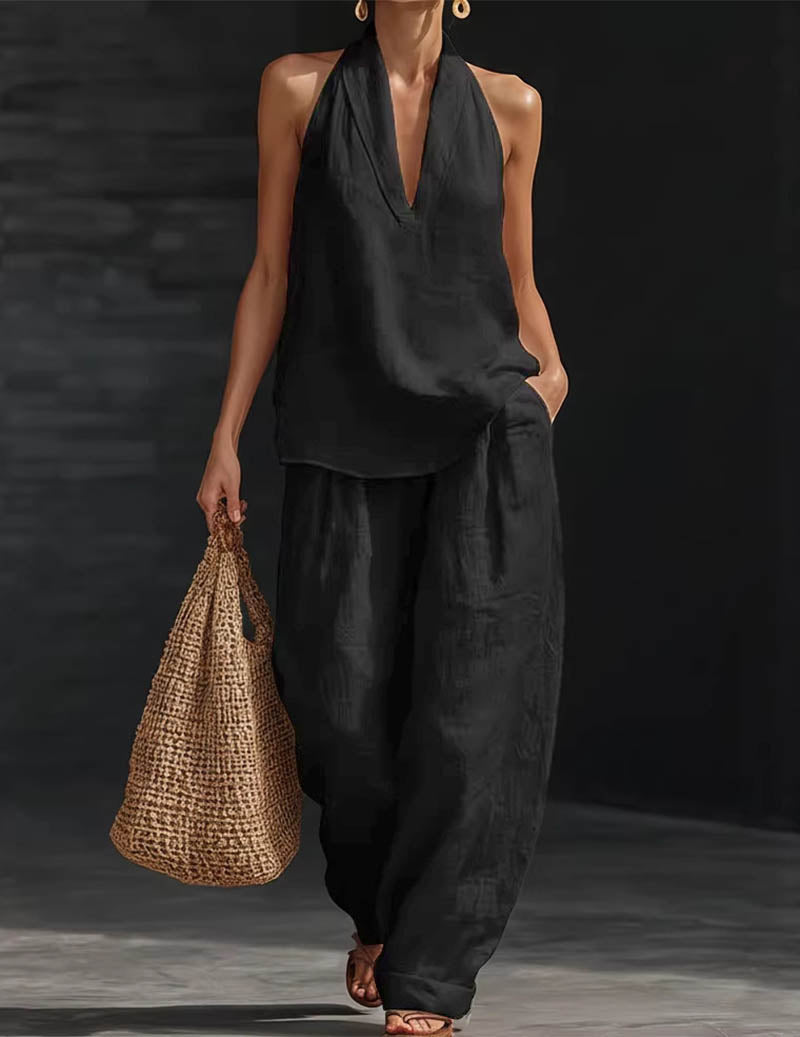Linen Two Piece Set Halter Deep V Neck Top & Wide Leg Pants Boho Outfit