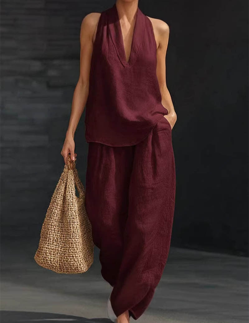 Linen Two Piece Set Halter Deep V Neck Top & Wide Leg Pants Boho Outfit