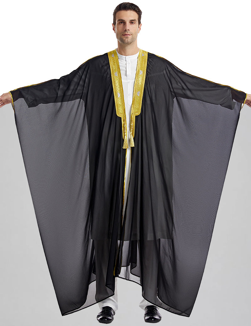 Men's Bisht Robe with Gold Embroidery Traditional Arabic Thobe Outer