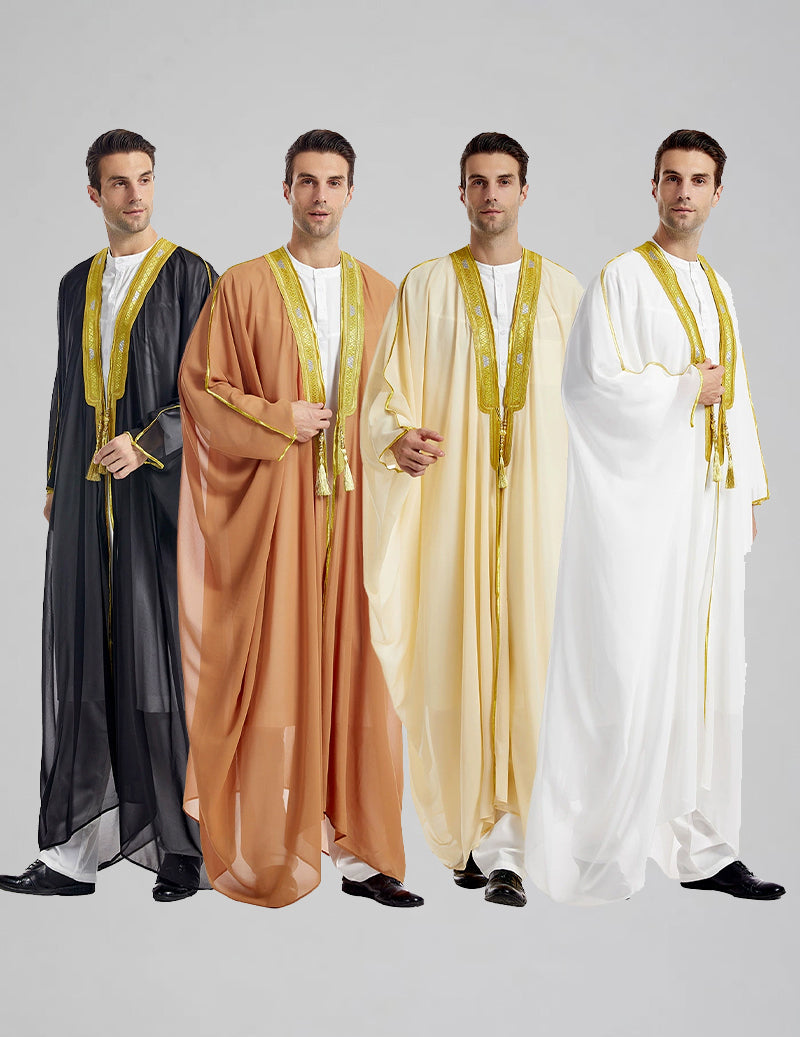 Men's Bisht Robe with Gold Embroidery Traditional Arabic Thobe Outer
