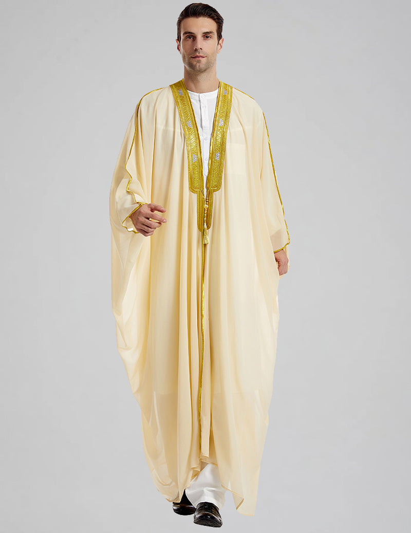 Men's Bisht Robe with Gold Embroidery Traditional Arabic Thobe Outer
