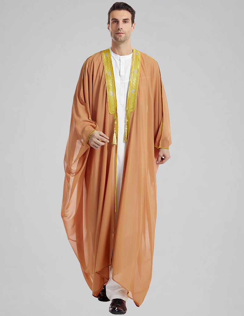 Men's Bisht Robe with Gold Embroidery Traditional Arabic Thobe Outer