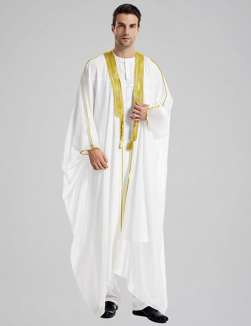 Men's Bisht Robe with Gold Embroidery Traditional Arabic Thobe Outer