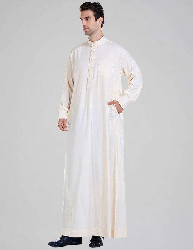 Men's Thobe Kandura Long Sleeve Button-Up Robe with Mandarin Collar