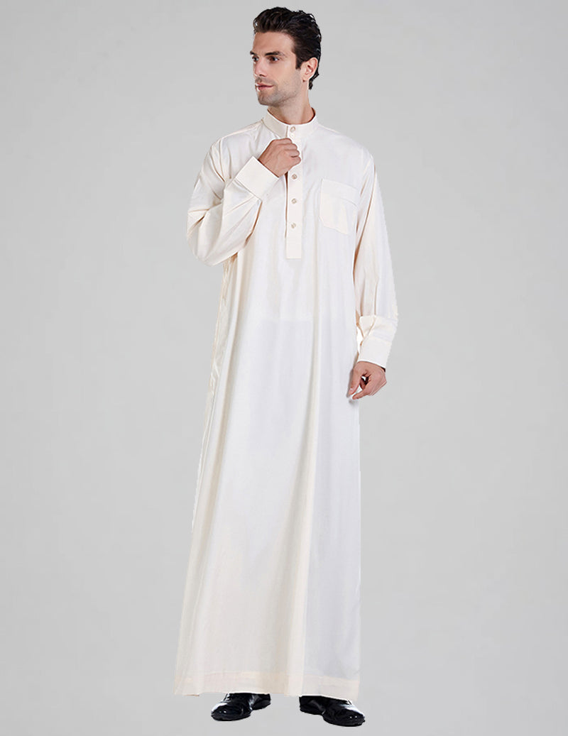 Men's Thobe Kandura Long Sleeve Button-Up Robe with Mandarin Collar
