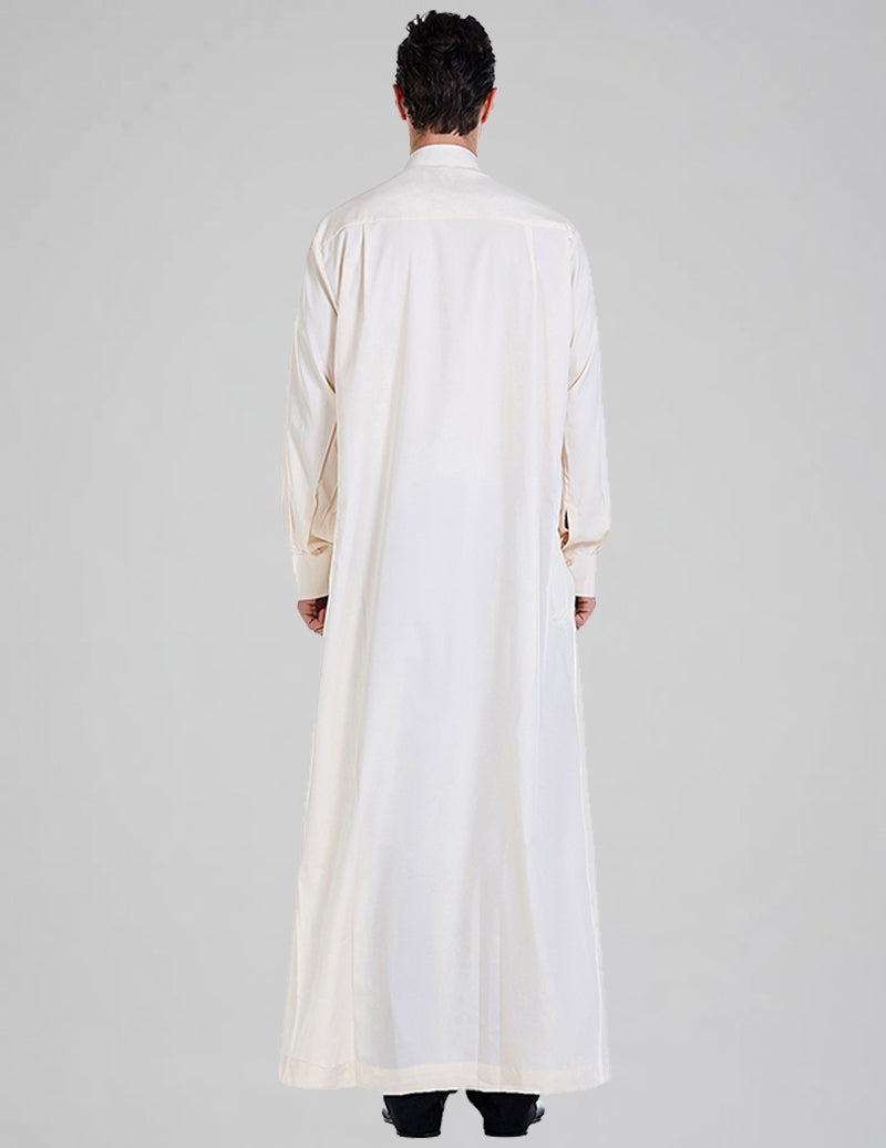 Men's Thobe Kandura Long Sleeve Button-Up Robe with Mandarin Collar