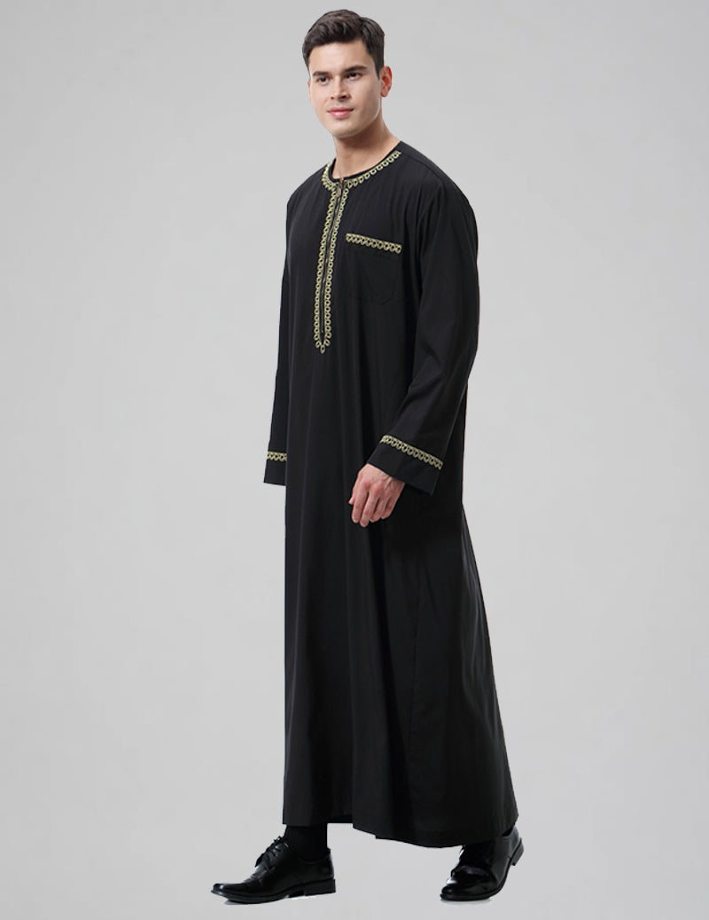 Men's Embroidered Thobe Kandura Long Sleeve Zipper Trim Robe