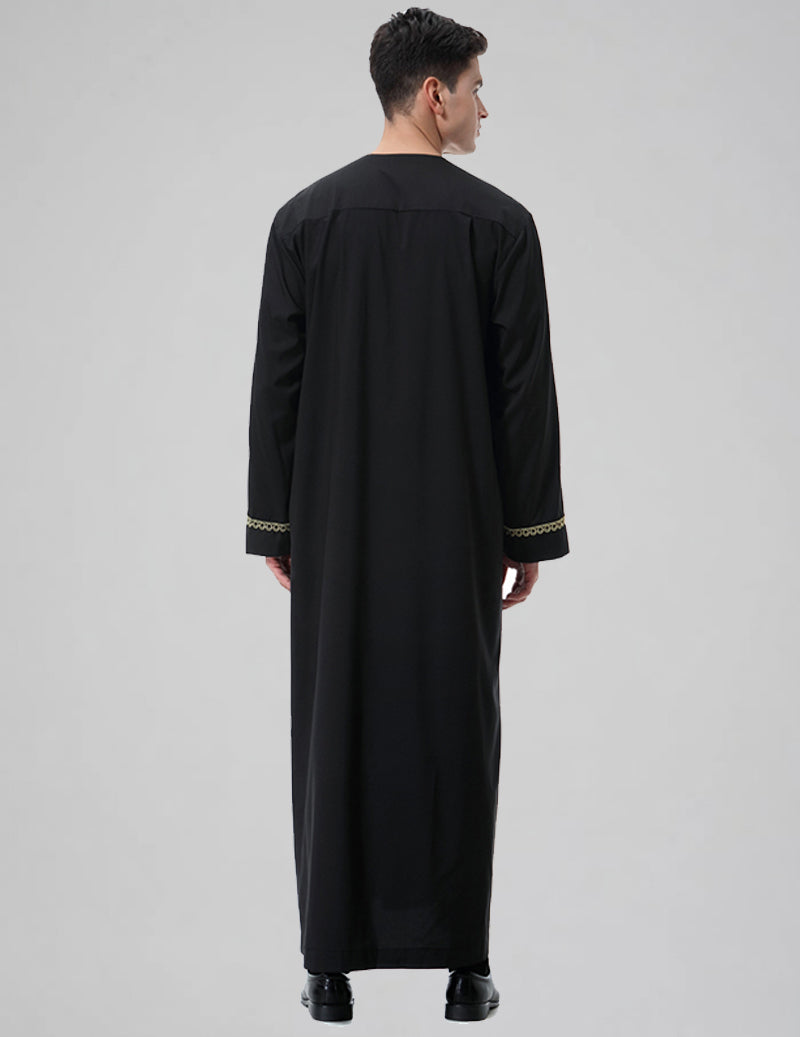 Men's Embroidered Thobe Kandura Long Sleeve Zipper Trim Robe