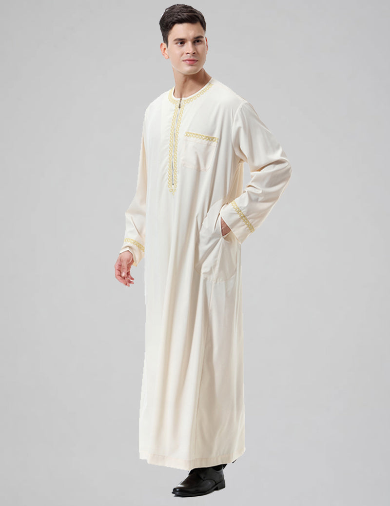 Men's Embroidered Thobe Kandura Long Sleeve Zipper Trim Robe