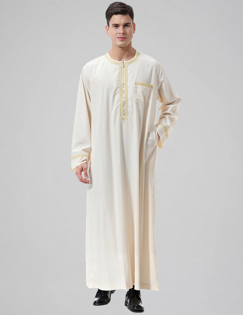 Men's Embroidered Thobe Kandura Long Sleeve Zipper Trim Robe