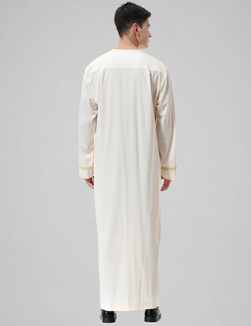 Men's Embroidered Thobe Kandura Long Sleeve Zipper Trim Robe