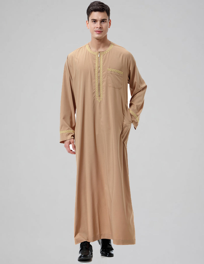 Men's Embroidered Thobe Kandura Long Sleeve Zipper Trim Robe
