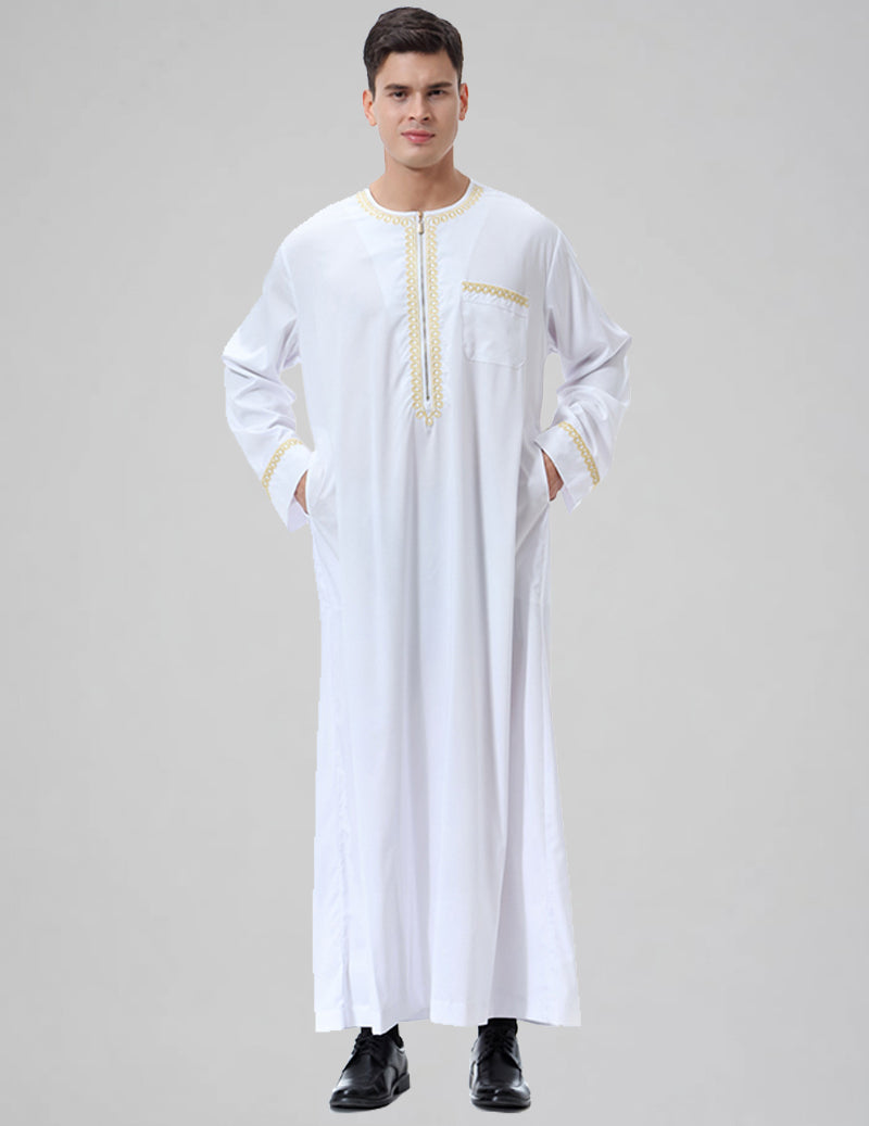 Men's Embroidered Thobe Kandura Long Sleeve Zipper Trim Robe