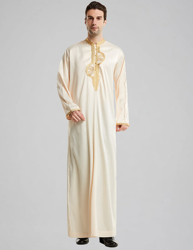 Men's Embroidered Thobe Kandura Long Sleeve Gold Trim Robe