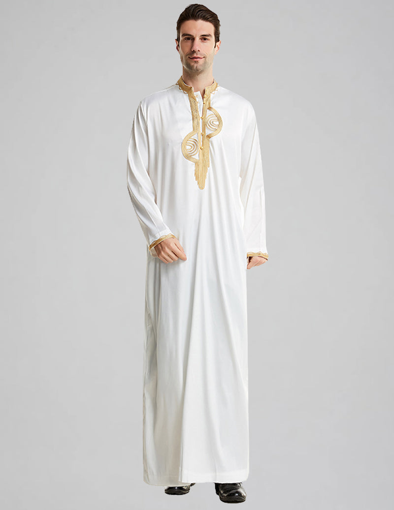 Men's Embroidered Thobe Kandura Long Sleeve Gold Trim Robe