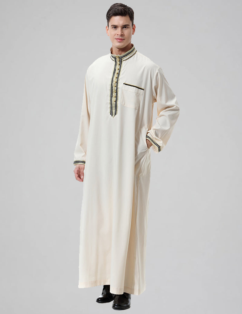 Men's Embroidered Thobe Kandura Long Sleeve Robe with Gold Trim
