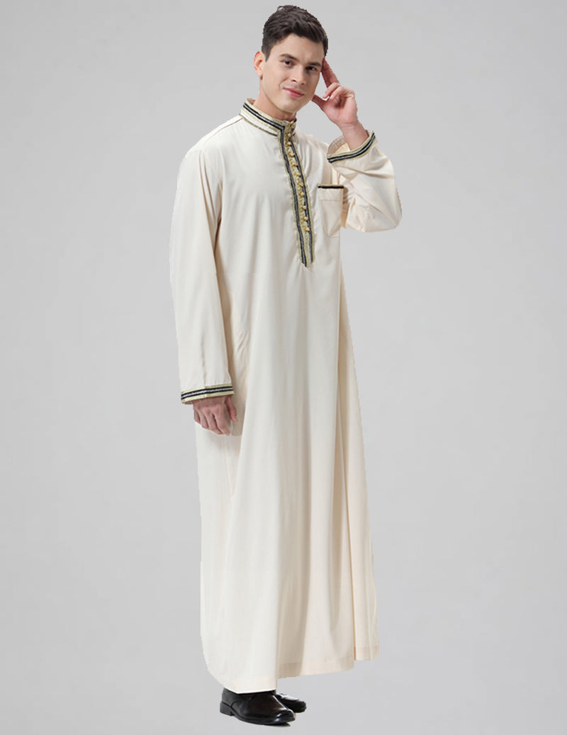 Men's Embroidered Thobe Kandura Long Sleeve Robe with Gold Trim