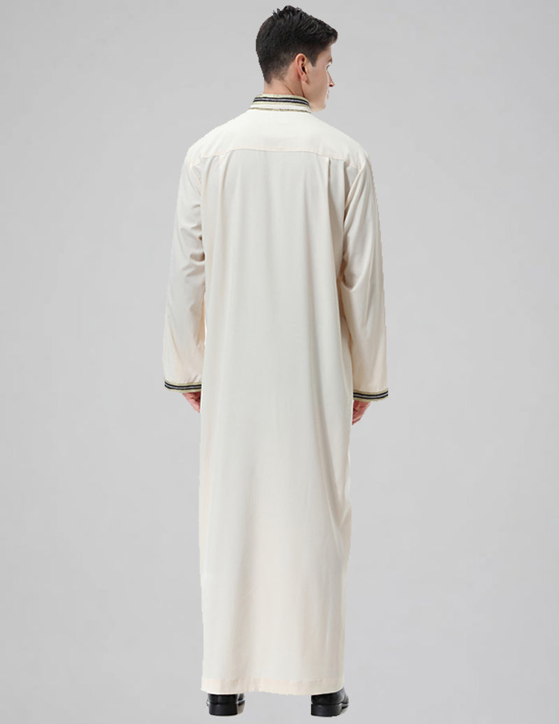 Men's Embroidered Thobe Kandura Long Sleeve Robe with Gold Trim