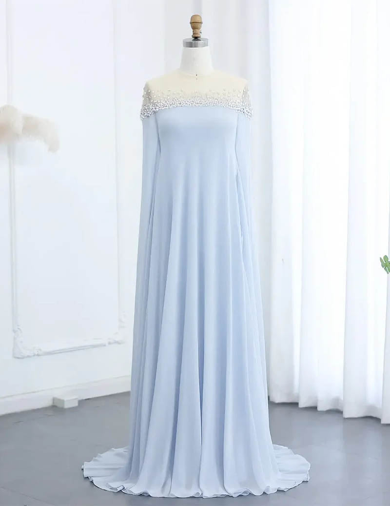 Light blue off-shoulder evening gown on mannequin; beaded neckline and cape sleeves