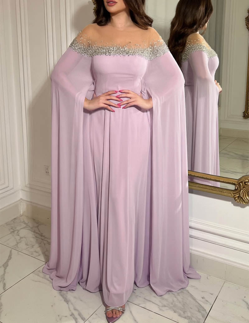 Pink off-shoulder evening gown with beaded neckline and cape-like sleeves, pleated