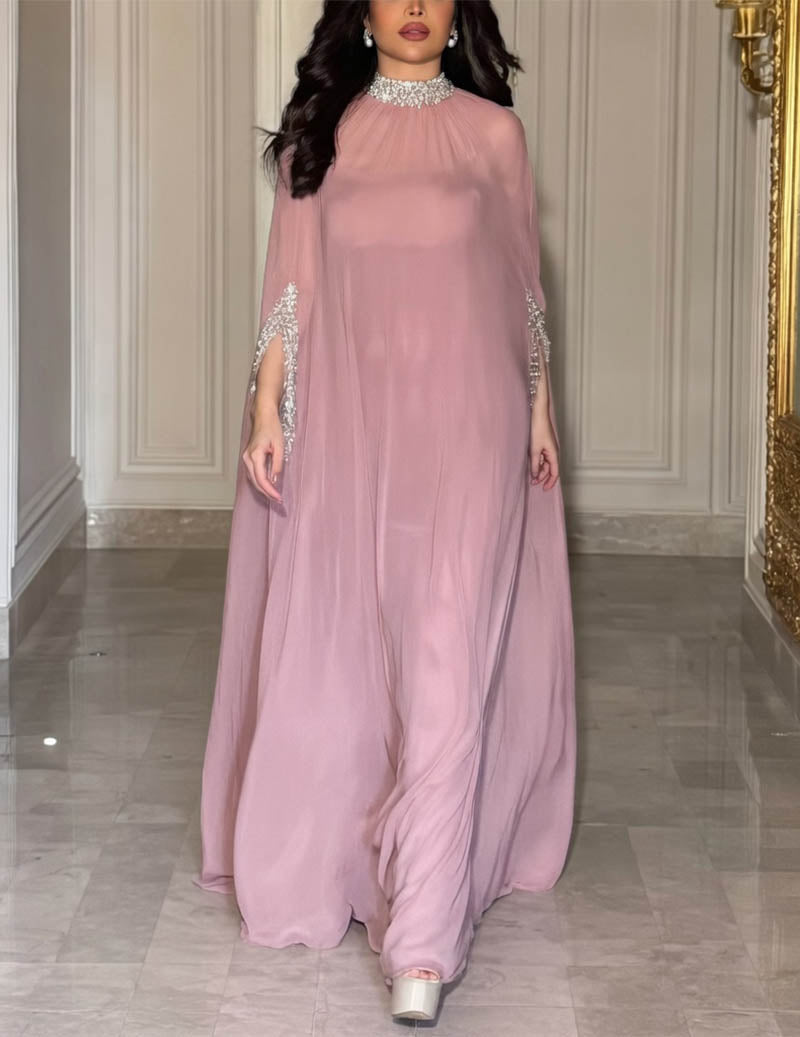 Pink high-neck beaded cape evening gown with jeweled collar and draped sleeves