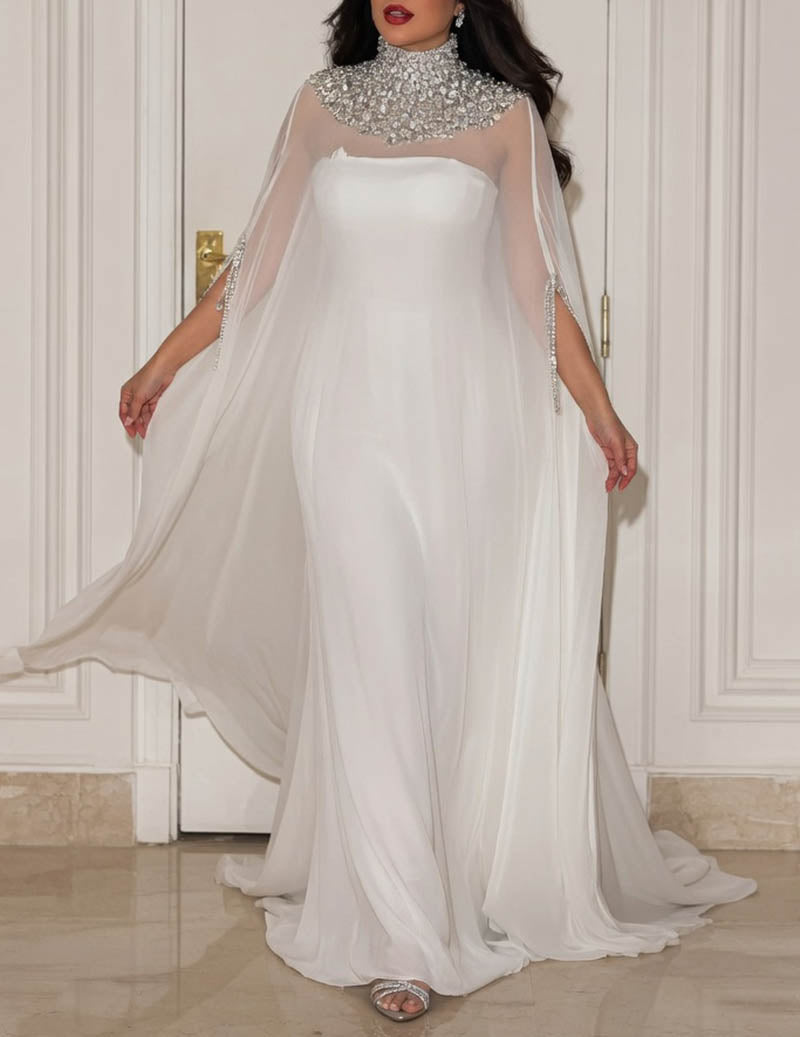 White beaded cape evening gown, sleeveless satin dress with sheer draped cape