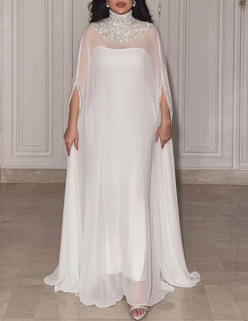 White high-neck beaded evening gown with jeweled collar and open drape cape
