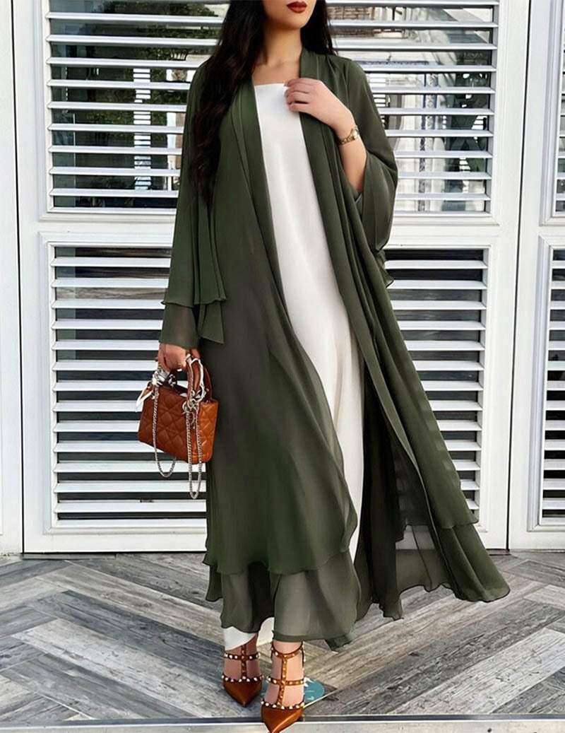 Chiffon Long Open Front Cardigan Sheer Ruffled Kimono Robe