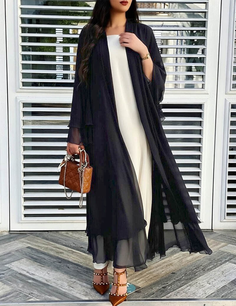 Chiffon Long Open Front Cardigan Sheer Ruffled Kimono Robe