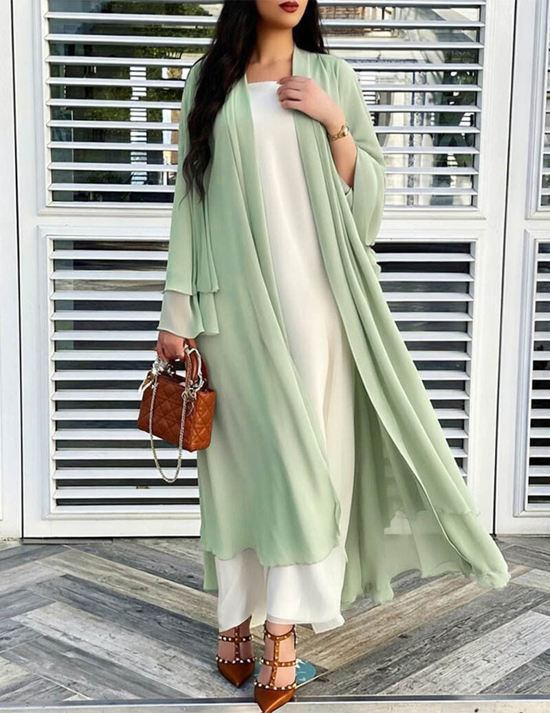 Chiffon Long Open Front Cardigan Sheer Ruffled Kimono Robe