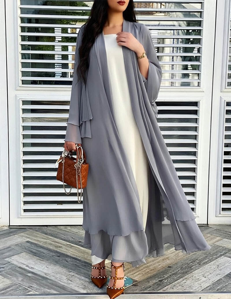 Chiffon Long Open Front Cardigan Sheer Ruffled Kimono Robe