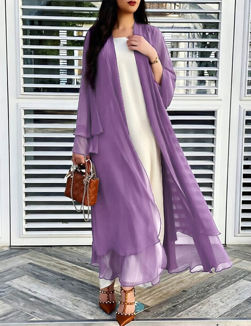 Chiffon Long Open Front Cardigan Sheer Ruffled Kimono Robe
