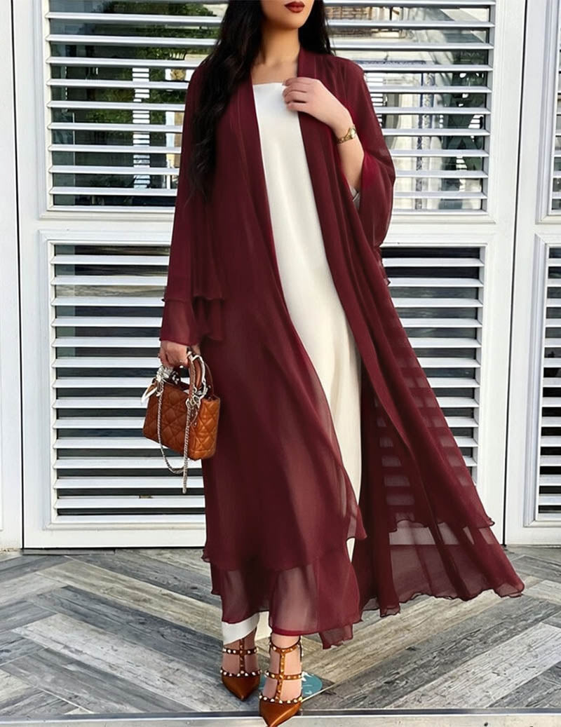 Chiffon Long Open Front Cardigan Sheer Ruffled Kimono Robe