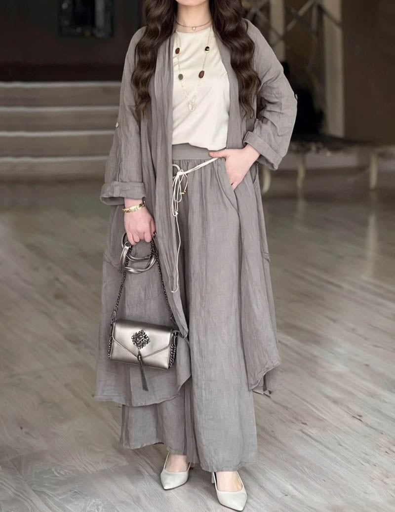 Linen Two Piece Set Long Open Front Cardigan & Wide Leg Pants