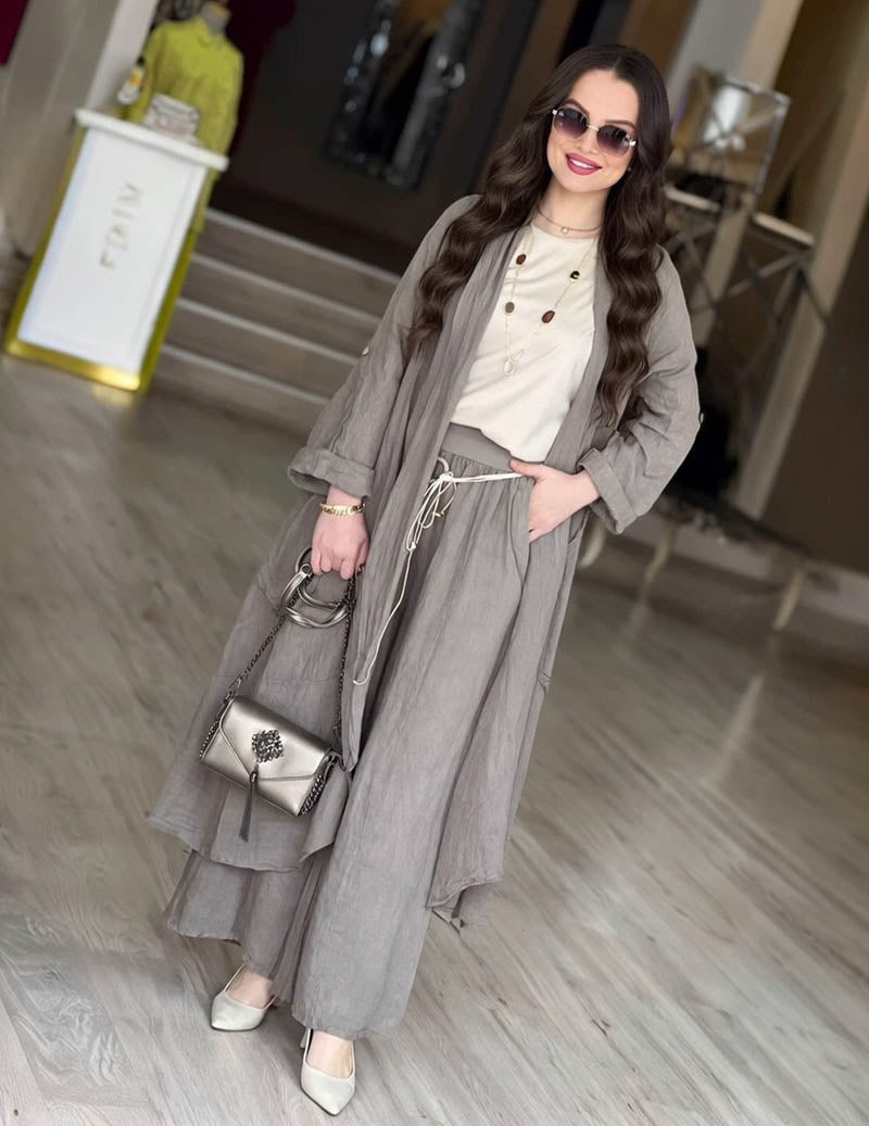 Linen Two Piece Set Long Open Front Cardigan & Wide Leg Pants