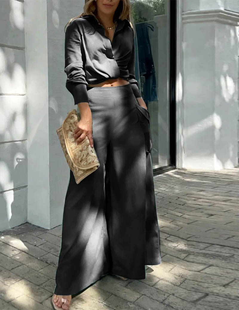 Linen Two Piece Set Twist Front Crop Shirt & Wide Leg Cargo Pants