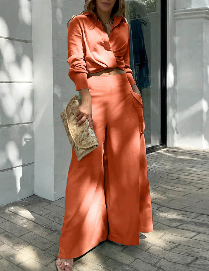 Linen Two Piece Set Twist Front Crop Shirt & Wide Leg Cargo Pants