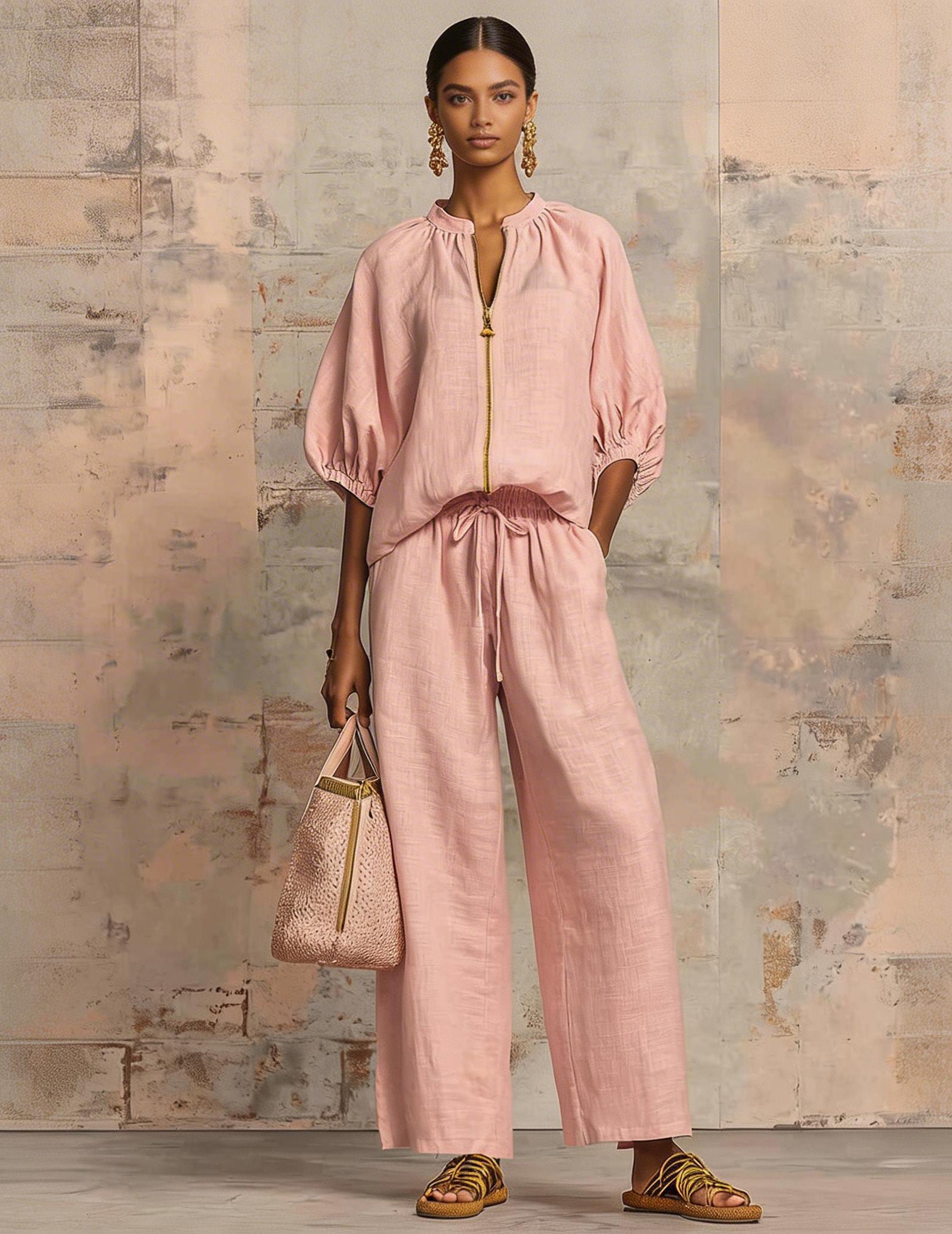 Puff-Sleeve Zip Jacket and Wide-Leg Pants Set