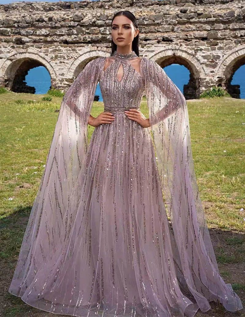 Sequin Cape Sleeve Evening Gown Sparkly Tulle Formal Flowing Dress