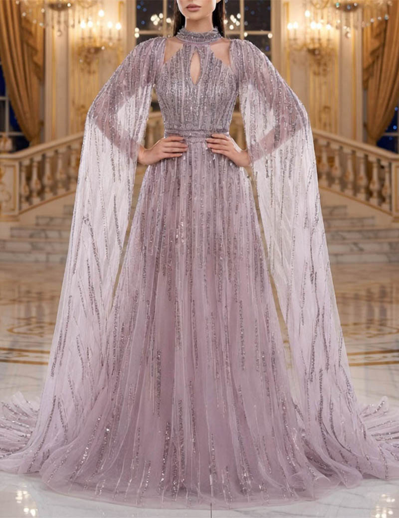 Sequin Cape Sleeve Evening Gown Sparkly Tulle Formal Flowing Dress