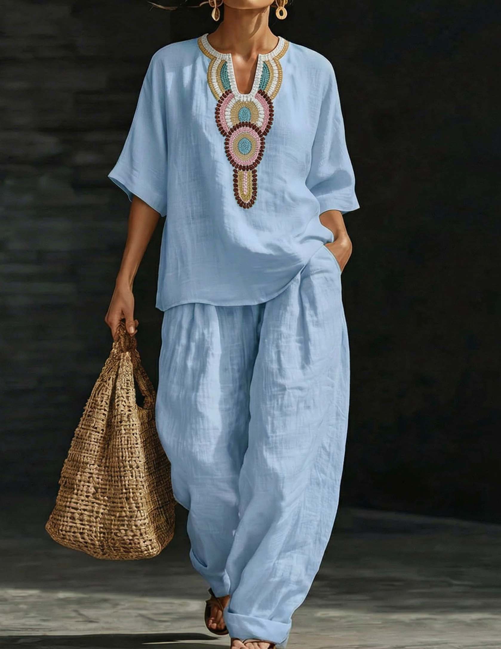 Embroidered Linen Co-ord Set Tunic Top & Wide-Leg Pants