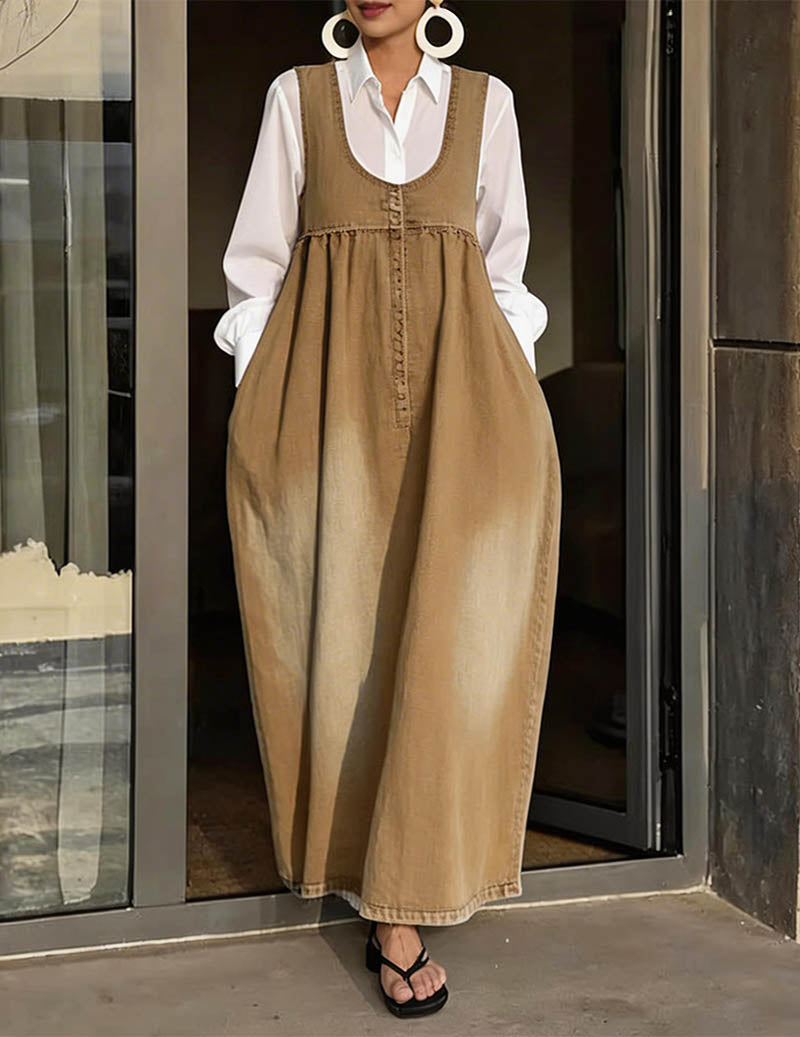 Denim Maxi Dress Loose Fit Sleeveless Overall Casual Sundress